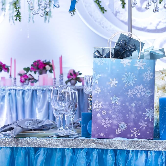 ReliThick 30 Pcs Snowflake Paper Bags Iced Candy Treat Goodie Gift Bags with Handle Blue and Purple Party Favors for Princess Holiday Birthday Wonderland Party Supplies (8.27 x 10.63 x 4.33 inches)