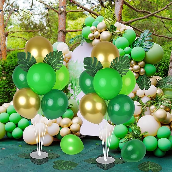 6 Sets Jungle Safari Balloon Stand Kit for Table Gold Green Balloons Dinosaur Party Tables Centerpiece with Palm Leaves for Animal Wild One Birthday Baby Shower St Patricks Day Party Supplies