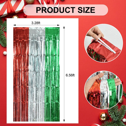 TONIFUL 3Pcs Red Silver Green Door Streamers,Photo Booth Backdrop Metallic Streamers Foil Fringe Curtains for Birthday,Christmas,New Year,Bachelorette,Grad Party Streamers Decor(9.9ft x 6.6ft)