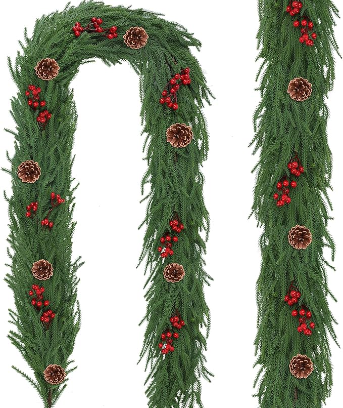 1 Pack 9FT Christmas Norfolk Pine Garlands with Pine Cone Real Touch Christmas Garland Artificial Greenery Garland for Fireplace, Table, Wall, Stairs, Outdoor Holiday Décor