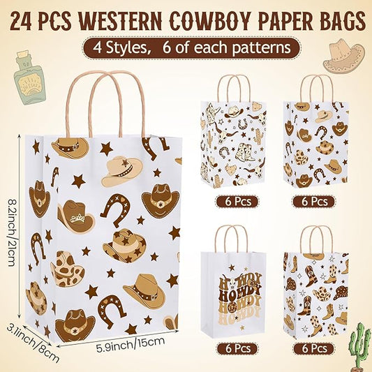 Gaillty 24 Pcs Western Cowboy Paper Bags Boot Hat Brown Cowboy Gift Bags Wild West Goodie Candy Treat Bag with Handles for Birthday Baby Shower Bachelorette Party Supplies Western Party Decorations