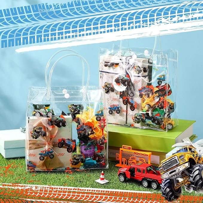 Tioncy 24pcs Truck Party Favor Bags Truck Gift Goodie Bags Car PVC Candy Treat Tote Clear Gift Bag with Handles for Kids Game Construction Racing Theme Birthday Party Supplies