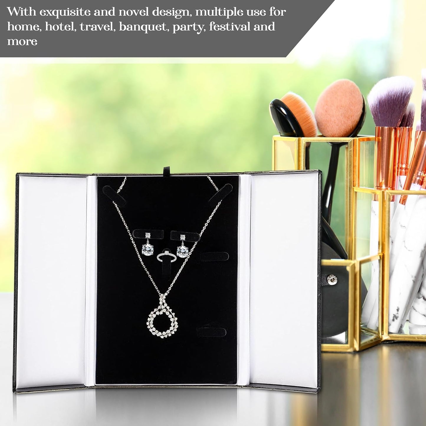 Novel Box Two-Door Black Jewelry Box for Ring Earring Bracelet & Necklace Combination 5.75x8.25x1.25 Inches - Faux Leatherette Boxes Gift Presentation with Gold Trim for Wedding & Special Occasions