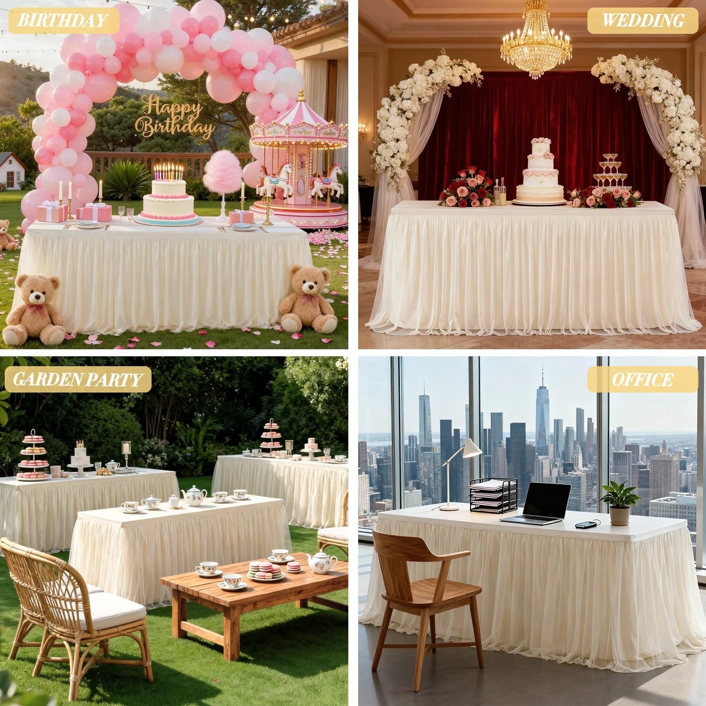 6Ft Champagne Tulle Table Skirts for Rectangle Tables Covers Ruffle Tutu Cloth Table Skirt, 72X30.3'' Tulle Tablecloth for Wedding Round Table Bridal Baby Shower Birthday Banquet Party Decorations