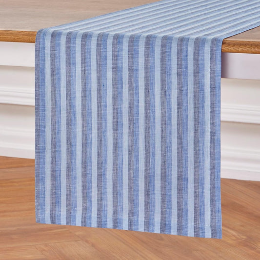 Solino Home Striped Linen Table Runner 60 Inches - Amalfi Stripe, 100% Pure Linen Bistro Blue Small Table Runner 14 x 60 Inch Ideal for Dresser and Coffee Tables