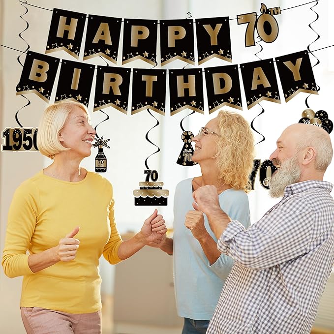 DARUNAXY 70th Birthday Party Decorations for Men Women, Vintage Back in 1956 Banner, Black 70 Number Balloons & Cake Topper, Vintage 1956 70 Birthday Honeycomb Hanging Swirl Confetti Balloons(30PC)