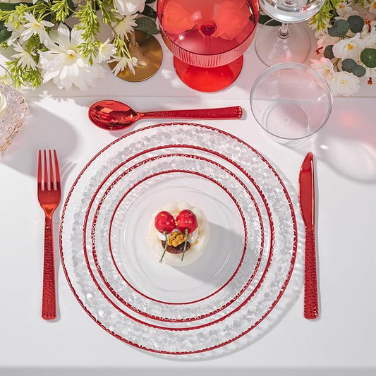 Ciaell 150 PCS Red Plastic Plates – Clear Hammered Disposable Plates with Red Rim include 50Plates, 25Forks, 25Knives, 25Spoons, 25Cups for Wedding & Party & Anniversary