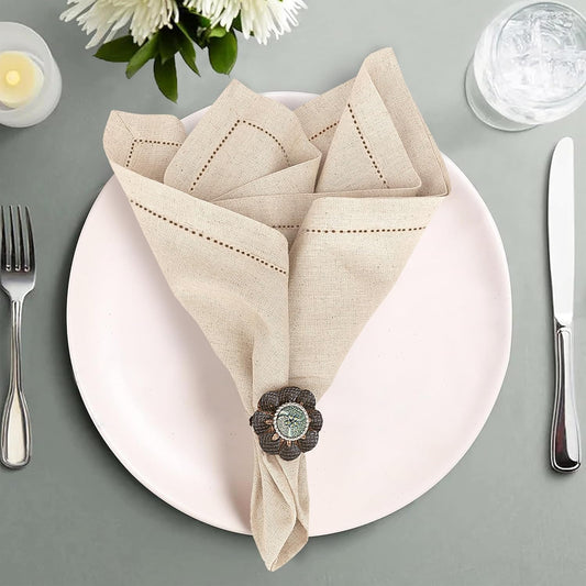 Ruvanti Premium Linen Napkins Set of 12-20x20 Inch, Classic Hemstitch, Mitered Corner Cloth Napkins - Soft, Elegant Dinner Napkins Cloth Washable for Weddings, Parties, Everyday Use - Natural