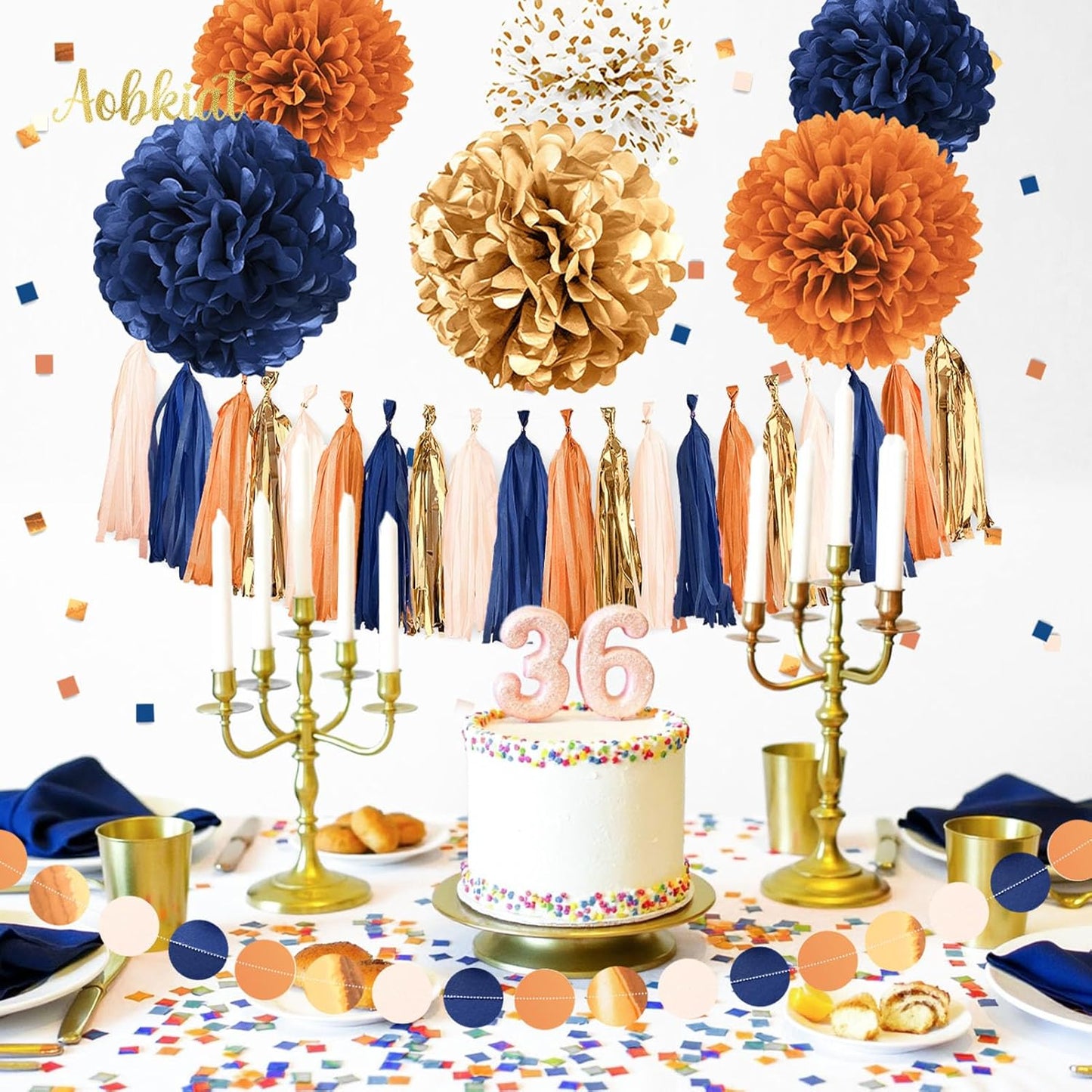 AOBKIAT Fall Baby Shower Party Decorations,28PCS Thanksgiving Home Decor,Orange Navy Gold Tissue Paper Pom Poms,Paper Garland,Hanging tassel,Table Confetti,for Baby Shower,Bridal Shower,Rustic Wedding
