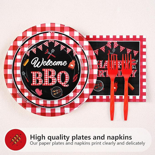 Grencian 200 Pcs BBQ Party Decorations for Birthday Picnic Red and Black Gingham BBQ Baby Shower Plates Supplies Summer Picnic Baby Q Birthday Party Decorations for Summer Barbecue Kids Adults