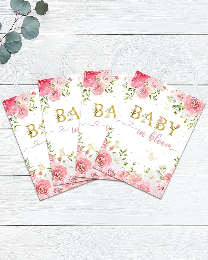Tyndallrays 16-Piece Floral Baby Shower Favors: Bags with Handles for Girls' Shower or Reveal Party Treats
