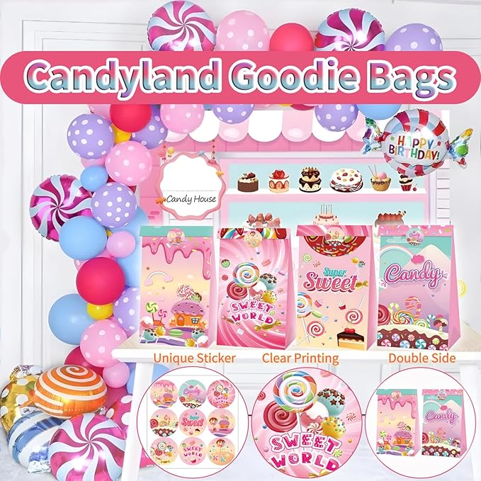 12Pcs Candy Sweet Land Goodie Bags with Stickers Lollipop Gift Bags Candyland Themed Party Favors Goody Treat Bag for Birthday,Baby Shower,Weddings,Guraduations Candy Shop Theme Party Supplies Decor