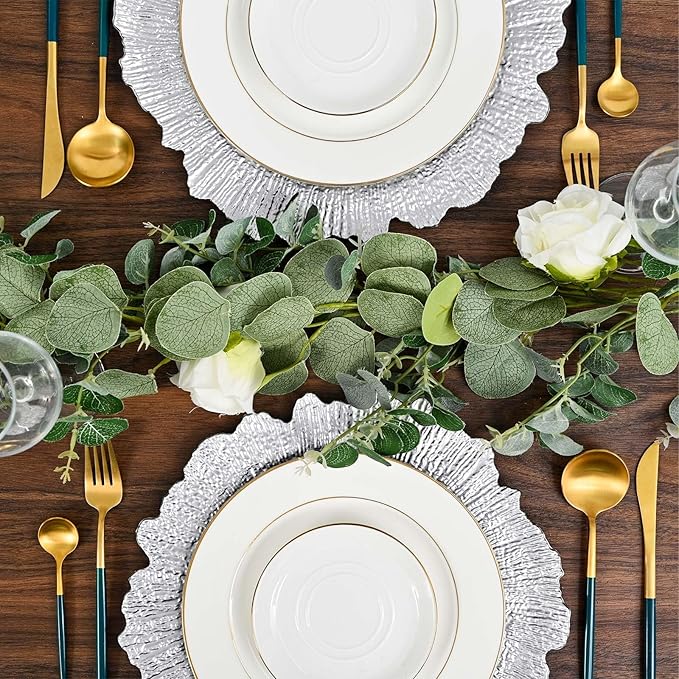 Pesonlook 50Pcs Silver Charger Plates Round 13inch, Reef Plate Chargers for Dinner, Bulk Plastic Floral Table Charger Plates for Dinner Wedding Party Event Table Setting Decoration(Silver)