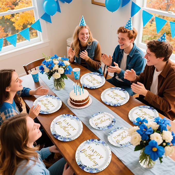 Grencian 96 Pcs Blue Flower Birthday Party Supplies Blue Floral Plates and Napkins Floral Themed Tableware Sets for Women Girls Birthday Party Decorations Serves 24