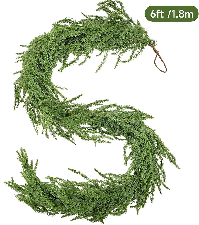6FT Artificial Norfolk Pine Christmas Garland – Realistic Cedar Greenery for Mantle, Staircase & Holiday Decor
