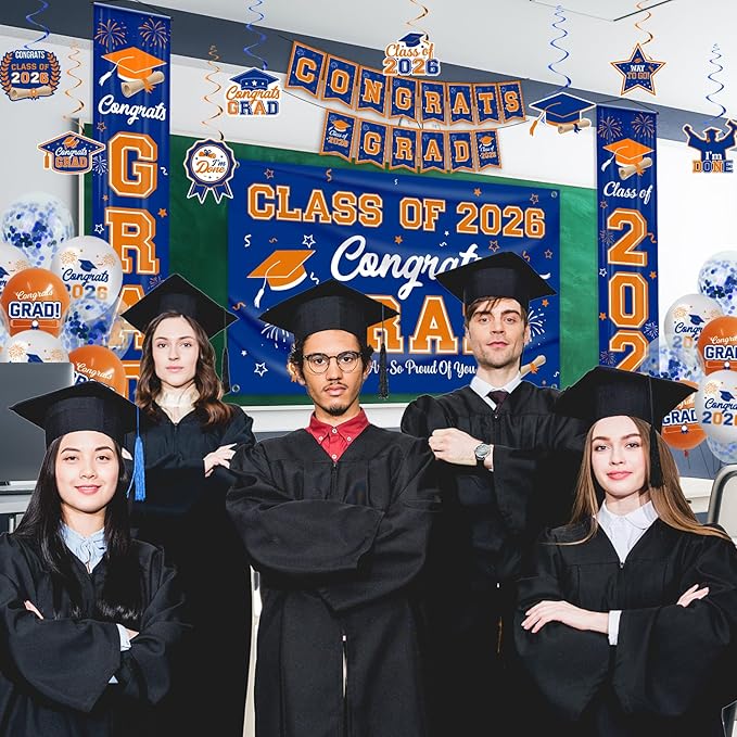 Graduation Decorations Class of 2026 Blue and Orange Graduation Party Decor Set include Congrats Grad Banner Backdrop Class of 2026 Balloons Party Supplies