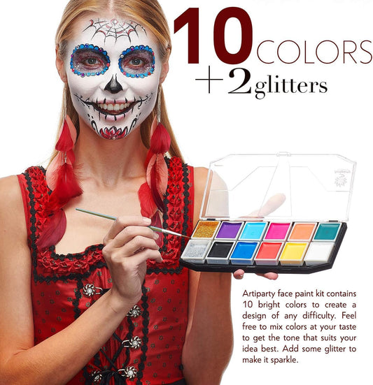 Face Paint Kit - Dermatologically Tested, Non-Toxic & Hypoallergenic - Professional Painting for Kids & Adults - Cosplay Makeup - Easy to Apply & Remove - Leakproof Dry Glitters