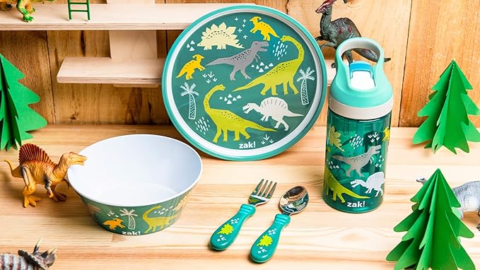 Zak Designs 5-Piece Dinnerware Set, Dinosaur - Durable Plastic & Stainless Steel - Includes Water Bottle, 8-Inch Plate, 6-Inch Bowl, Fork & Spoon - Suitable for Kids Ages 3+