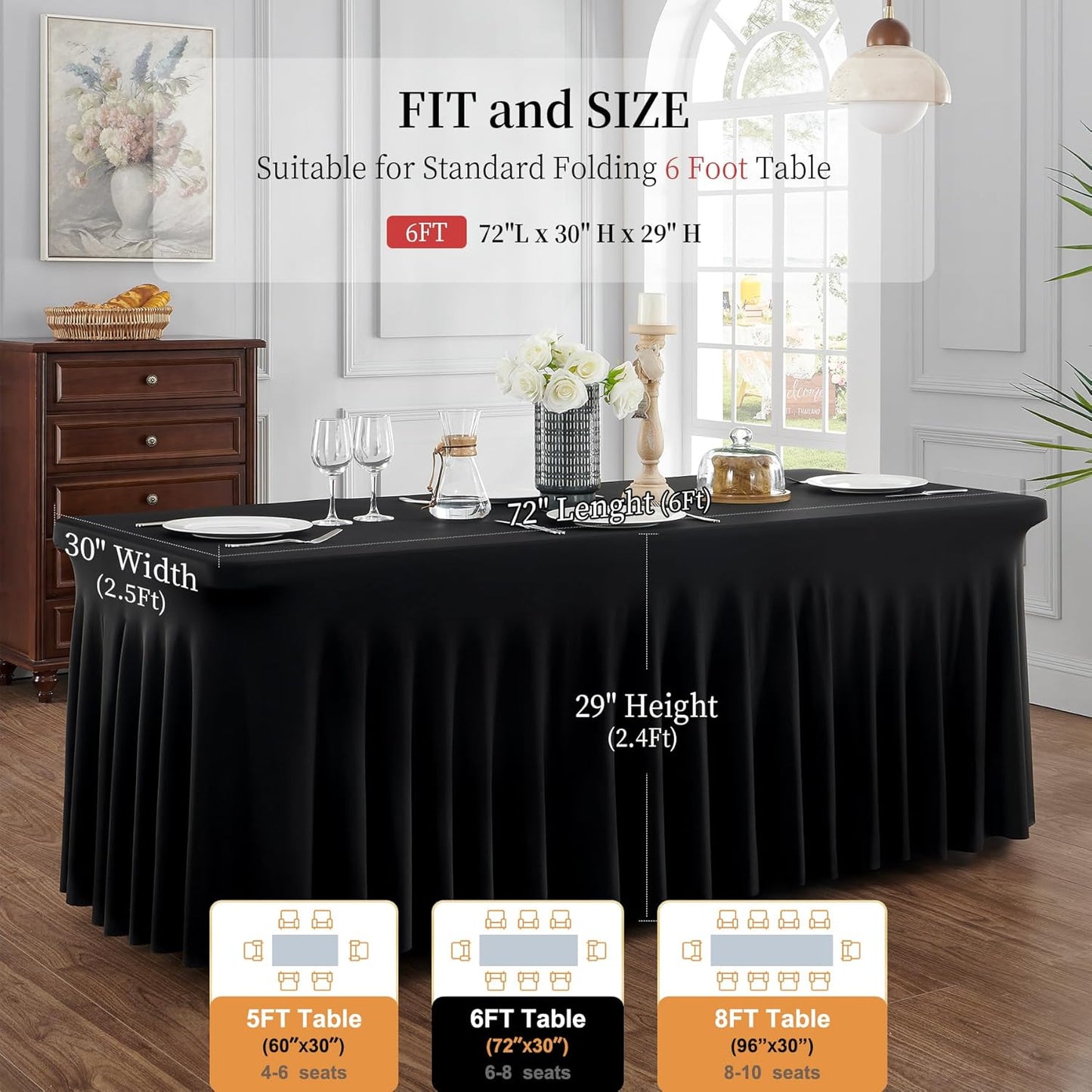 Outpain Wrinke Free Spandex Tablecloth for 6 Foot Rectangle Tables, 6 Pack Black Fitted Table Cloths 6ft Stretchy Banquet Table Clothes Cover Desk Skirt for Birthday Wedding Parties Baby Shower