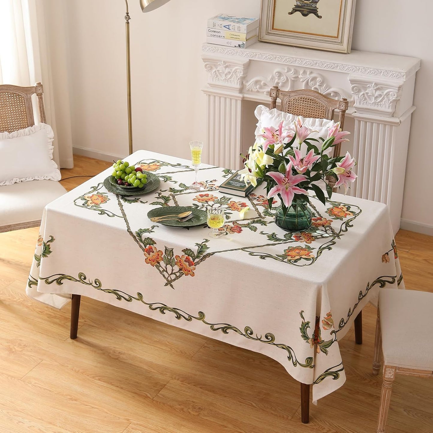 patdrea Designer Vintage Linen Rectangle Tablecloth,French Floral Tablecloths,Wrinkle Free Table Cloth,Decorative Table Cover Cloth for Kitchen,Dining,Tea Party,Home,Christmas,63"*94"