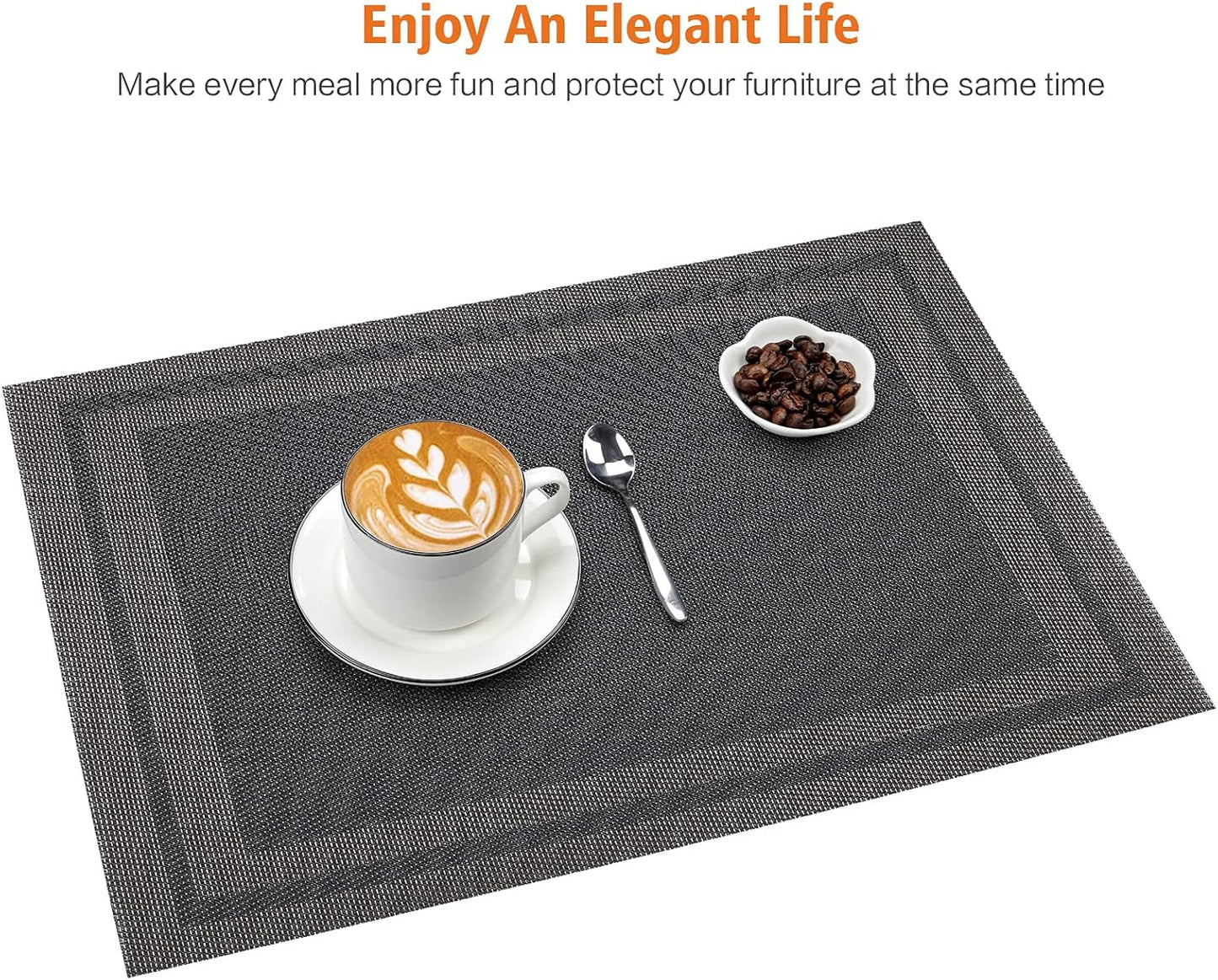 Placemats Set of 12,Washable,Heat and Stain Resistant Indoor/Outdoor Place mats,Vinyl Woven Non Slip Table Mats for Restaurant Table Protection,PVC Placemats(Black Gold 8PCS)