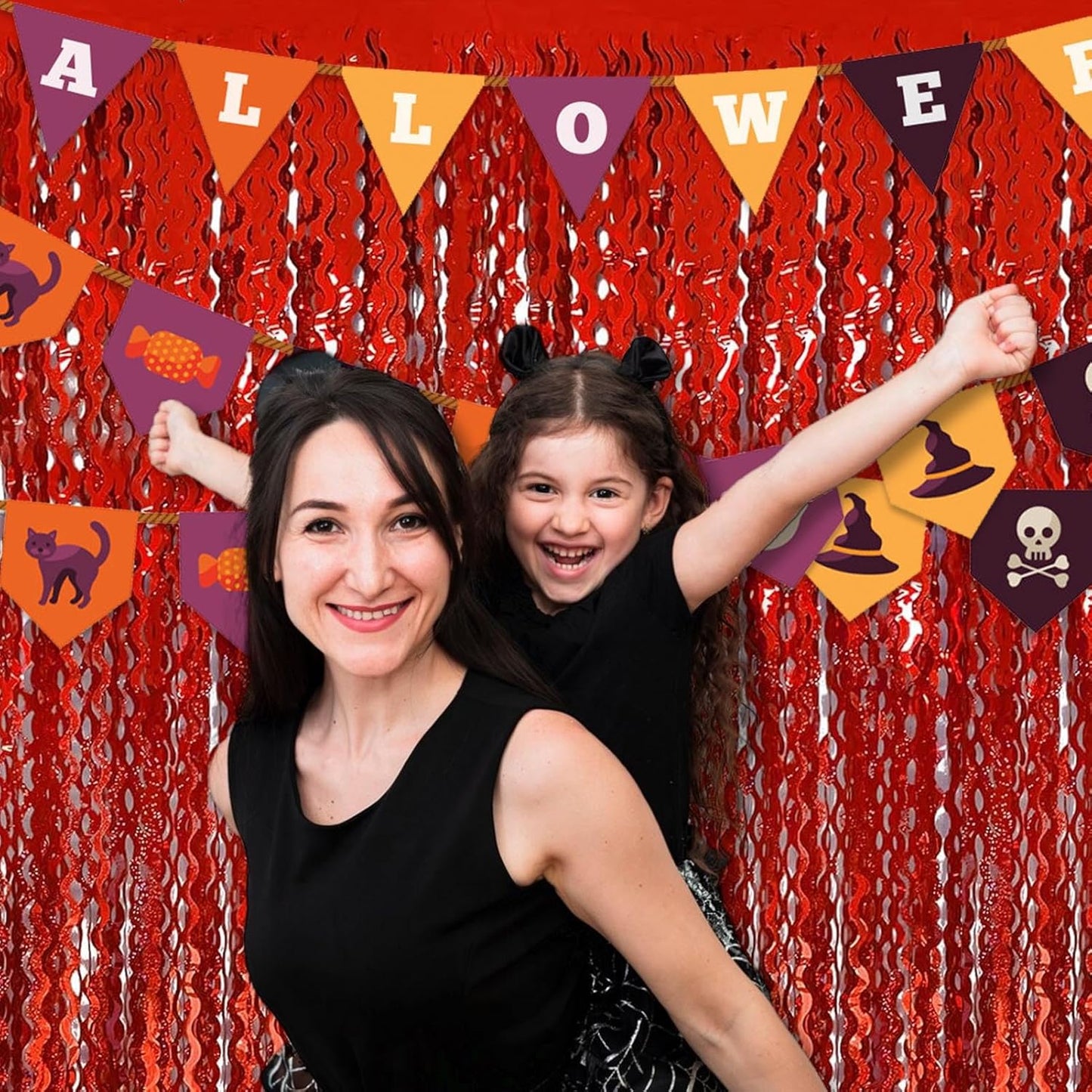 4 Pack Red Fringe Curtain Backdrop 3.2Ft x 8.2Ft Metallic Tinsel Foil Fringe Streamers Background for Photo Booth, Easter, Mother's Day, Bachelorette, Wedding, Birthday Party Decoration