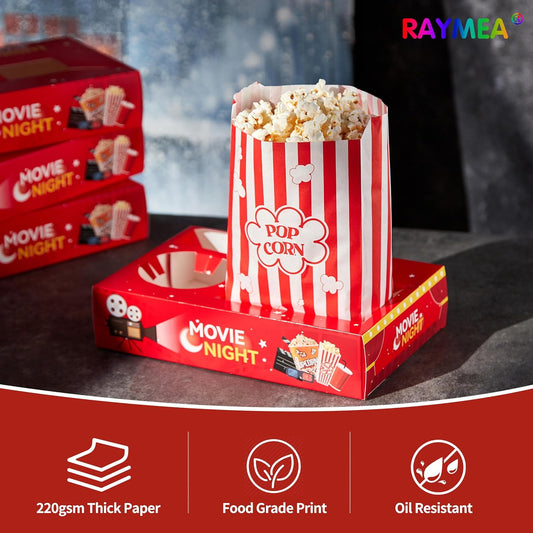 24Pcs Movie Night Supplies Disposable Paper Movie Snack Trays (12ct) and Retro Style Large Capacity Popcorn Bags(12ct), Drink & Candy Snack Boxes for Cinema Family Birthday Parties