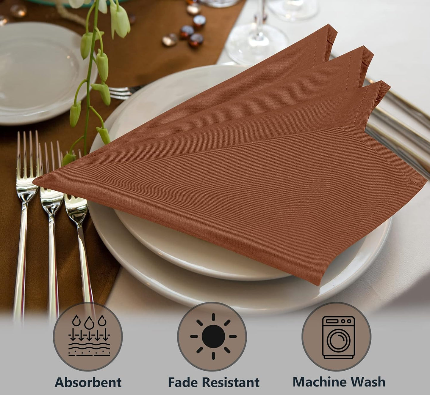 Ruvanti Cloth Napkins set of 12, 18x18 Inches Napkins Cloth Washable, Soft, Durable, Absorbent, Cotton Blend. Table Dinner Napkins Cloth for Hotel, Lunch, Restaurants, Weddings, Parties - Caramel Cafe