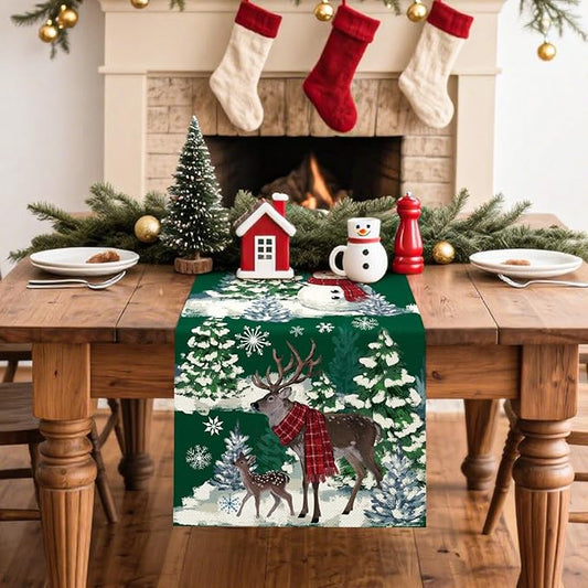 Artscope Reindeer Snowman Christmas Tree Table Runner, Xmas Winter Snowflakes Holiday Kitchen Dining Table Decoration for Christmas Home Party Decor 13x72 Inch-Green