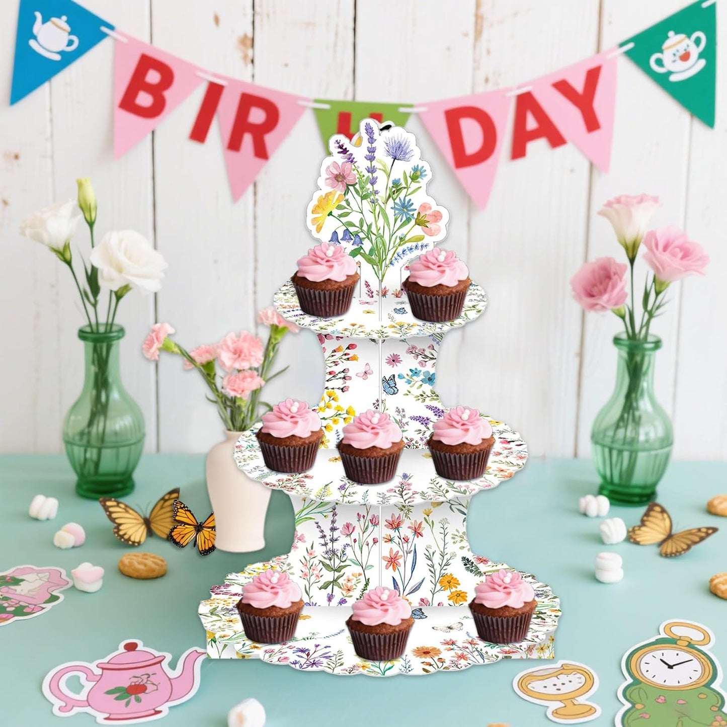Wildflower Cupcake Stand, Cake Stand Wildflower Party Decorations 3 Tier Flower Cupcake Holder, Flower Birthday Decorations Dessert Table Display Set Wedding Cake Stands