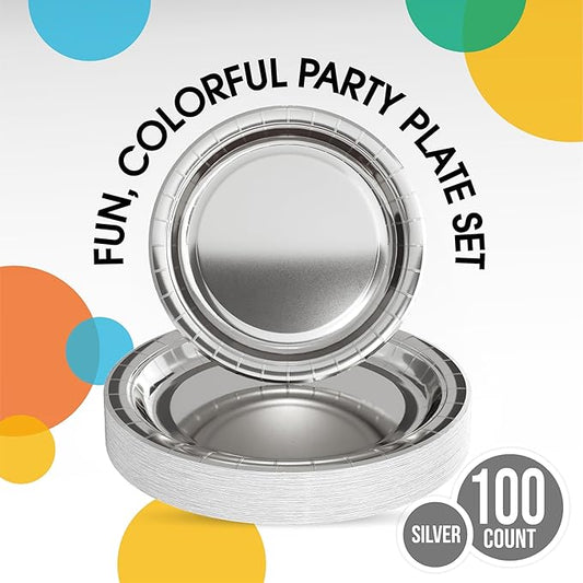 Exquisite Silver Paper Plates Disposable Heavy Duty 100 Pcs - 50-7" & 50-9" Silver Disposable Plates For Party Heavy Duty Paper Plate 350 GSM Birthday Party Supplies Plate Set