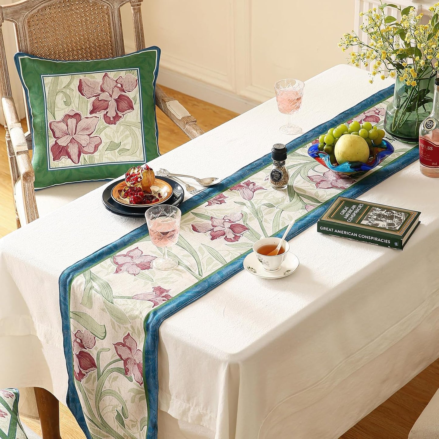 patdrea Designer Elegant Bright Linen Table Runner 102 Inch Long, Mauve Iris Floral Pattern Table Mat, Decoration for Kitchen Dining Table Coffee Table Shelf Cabinet Banquet Christmas ,12"*102"
