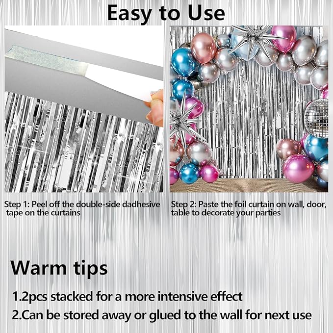 4 Packs Silver Foil Fringe Curtain, Silver Metallic Tinsel Backdrop for Birthday, Wedding, Baby Shower, Engagement, Bachelorette Party, Christmas Holiday Celebration Party Decorations Supplies