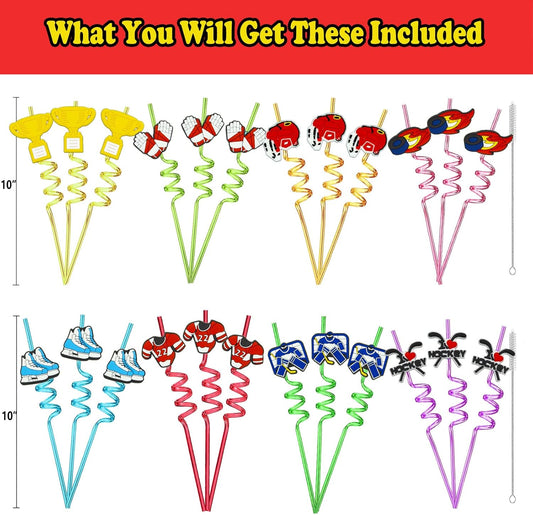 24 pcs Ice Hockey Theme Twisty Reusable Straws for Ice Hockey Sports Party Favors, Daily Drink Straws, Birthday Party, Class Reunion, Sports Hockey Party Supplies with 2 Cleaning Brush.(8color)