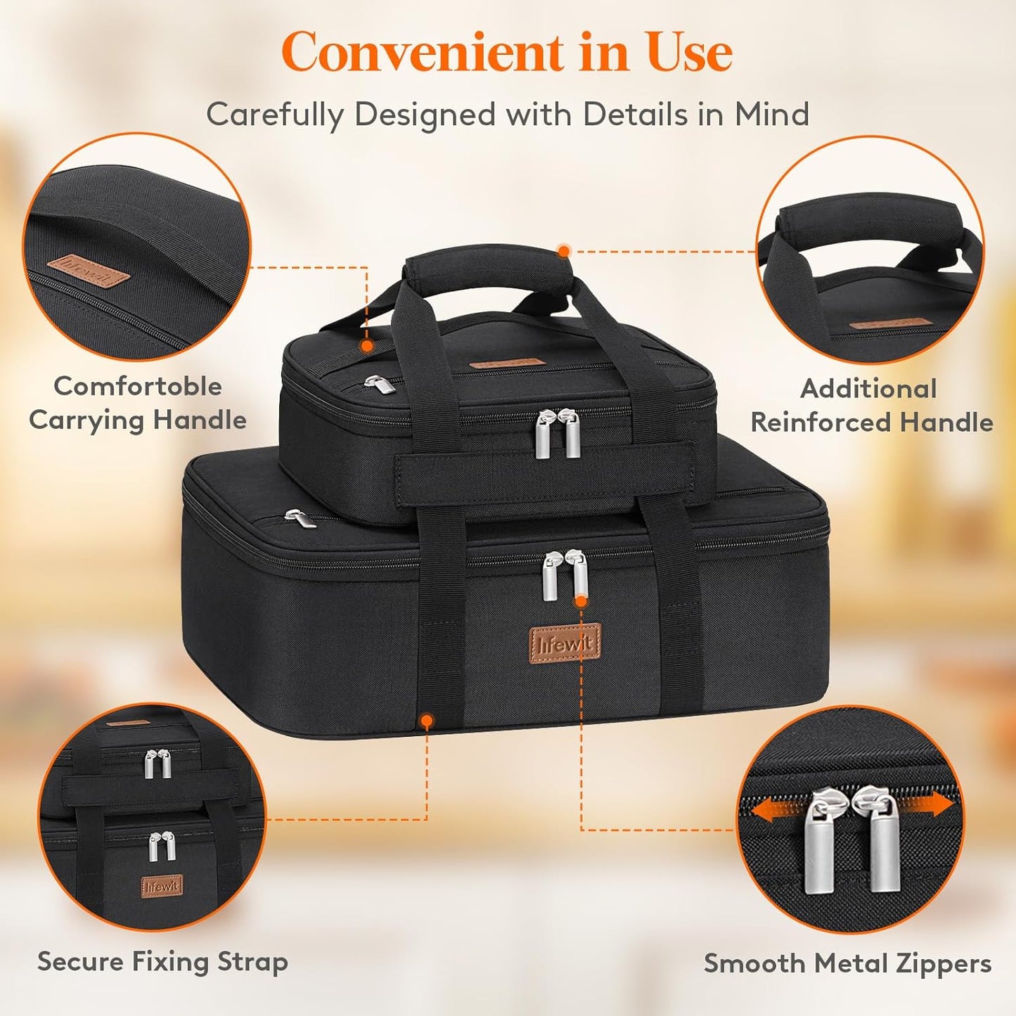 Lifewit Duo Insulated Casserole Carrier for Hot or Cold Food, Lasagna Holder 2 Compartments, Thermal Lunch Tote for Potluck Parties Cookouts, Fits 9"x13" Casserole Dish,Black