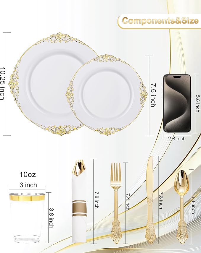 Nervure 175PCS Gold Plastic Plates - Disposable White Gold Party Plates & Pre Rolled Napkins with Cutlery for 25 Guests, 50Plates, 75Silverware, 25Cups, 25Napkin for Wedding & Party
