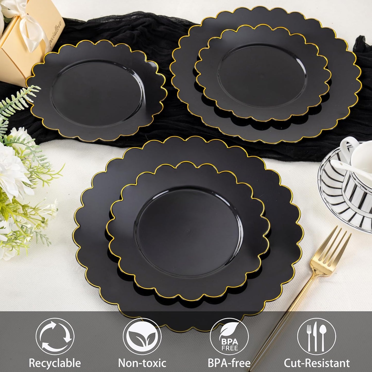 supernal 100pcs Black and Gold Plastic Dinnerware Set - Scalloped Disposable Plates Heavy Duty Gold And Black Plastic Plates Service for 50 Guests,Perfect for Party Birthday Wedding Festival