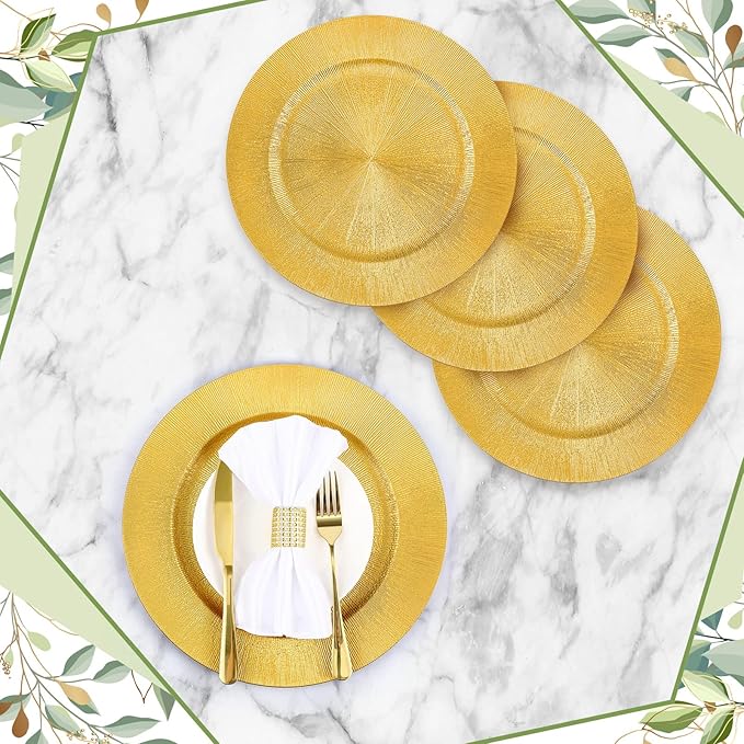 Tanlade 12 Pcs Charger Plates Bulk 13 Inch Plastic Round Wedding Chargers Floral Decorative Plates with Metallic Ruffled Rim for Wedding Party, Holiday Event Supplies(Gold)