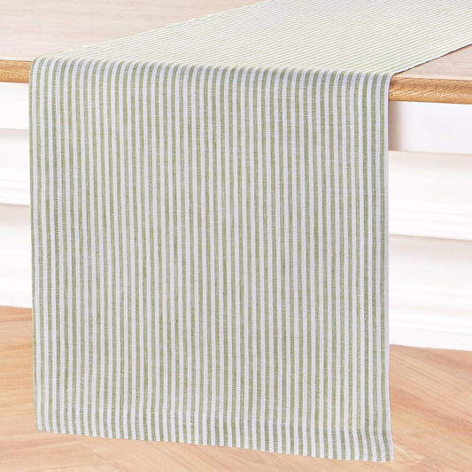 Solino Home Linen Table Runner 36 Inches - Narrow Stripe 100% Pure Linen Avocado and White Table Runner 14 x 36 Inch Ideal for Dresser and Coffee Tables - Fall, Halloween, Thanksgiving, Christmas