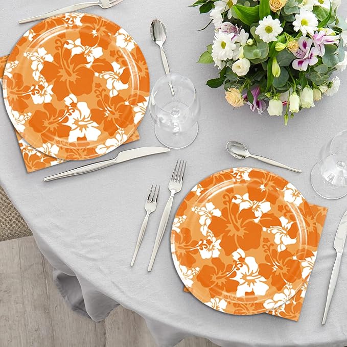 Orange Hawaiian Hibiscus Flowers Party Decorations for Kids Tropical Party Decorations 40PCS Hawaiian Flower Theme Party Plates and Napkins