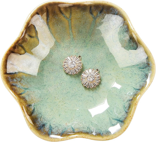 2PCS Lotus Leaf Shape Ring Holder Dish, Small Key Bowl, Ceramic Trinket Tray Jewelry Dish Organizing Necklace Earrings for Mom Friend Sister, All Jewelries Are NOT Included.White+Crystal Green.