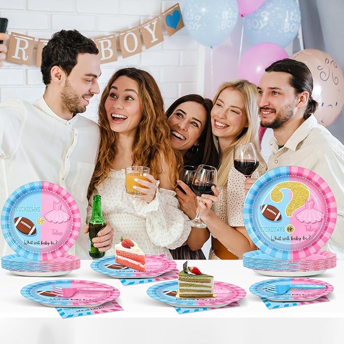 96Pcs Gender Reveal Party Supplies Touchdown or Tutus Gender Reveal Paper Plates Napkins Ballet or Football Gender Reveal Party Decorations Favors for Boy or Girl Baby Shower Tableware Serves 24