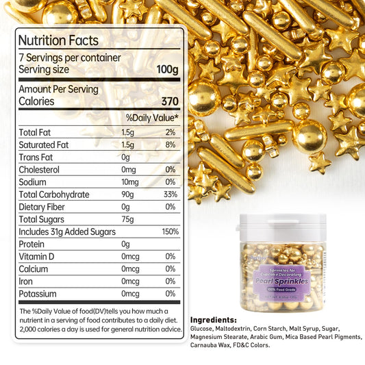Dazzjoy Edible Gold Pearl Sprinkles, Sugar Candy Pearls, Food Grade, 130g/4.58oz, Gold Star Pearls Sprinkles for Cake Decorating, Cupcake, Cookies Topper Decoration