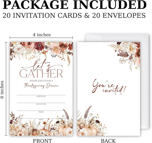 Thanksgiving Invitations - Floral Pumpkin Design Card with Envelopes And RSVP Cards - You're Invited 20Pcs Fill In Friendsgiving Invitations Cards For Family & Friends(4 x 6 Inch) (029)