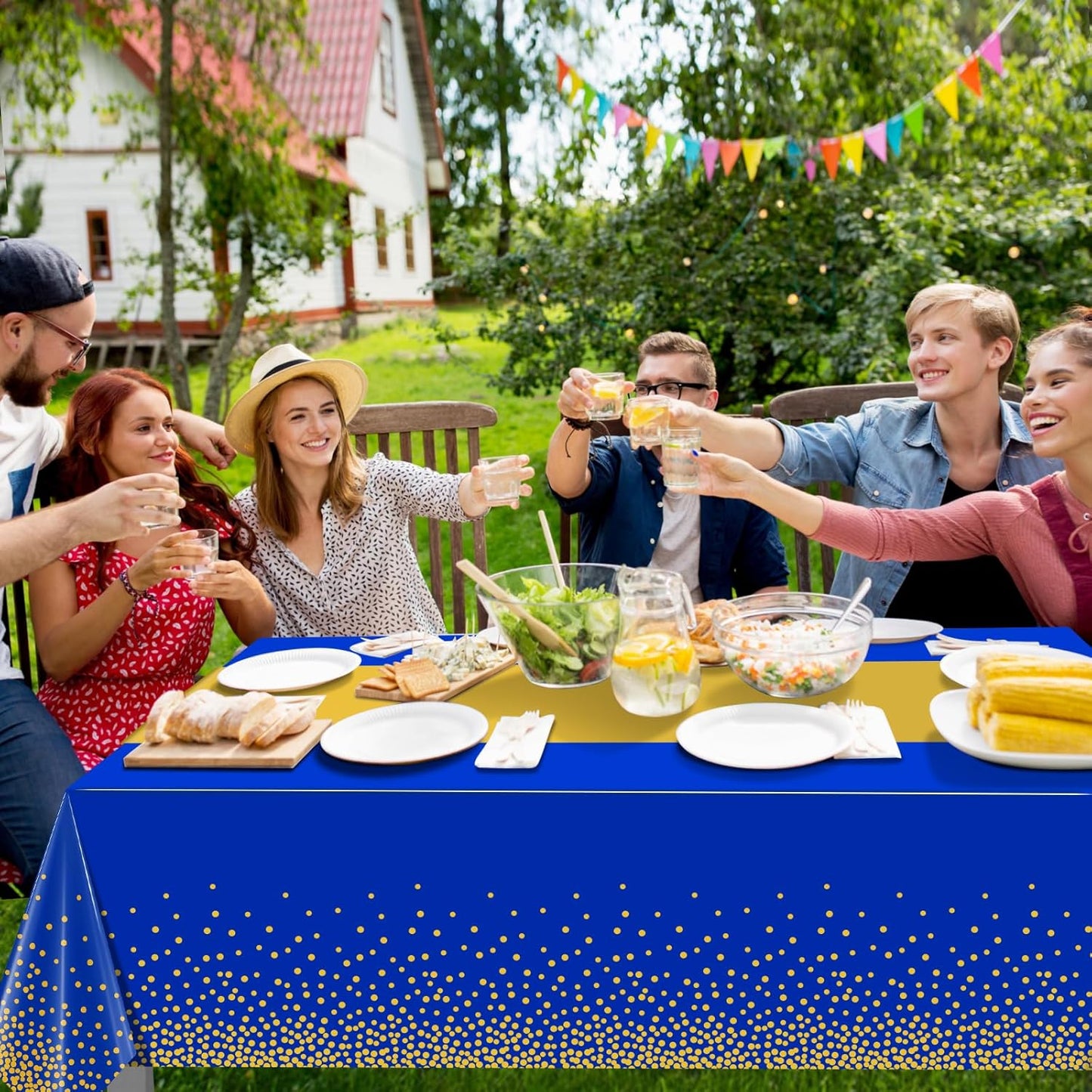 MASHAN 1Pcs Blue Gold Tablecloth Party Decorations,Plastic Royal Blue Table Cloth Printed Gold Table Runner Disposable Rectangle Cover for Birthday Anniversary Wedding Graduation Party,54 x108 Inch