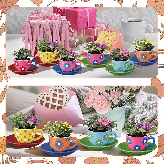 6 Sets Mother's Day Ceramics Teacup Craft Kit with Saucer Color Your Own Cup Flower Planter for Tea Party Crafts Pottery Painting Kit Art Indoor Gardens Family Activity Holiday Decors