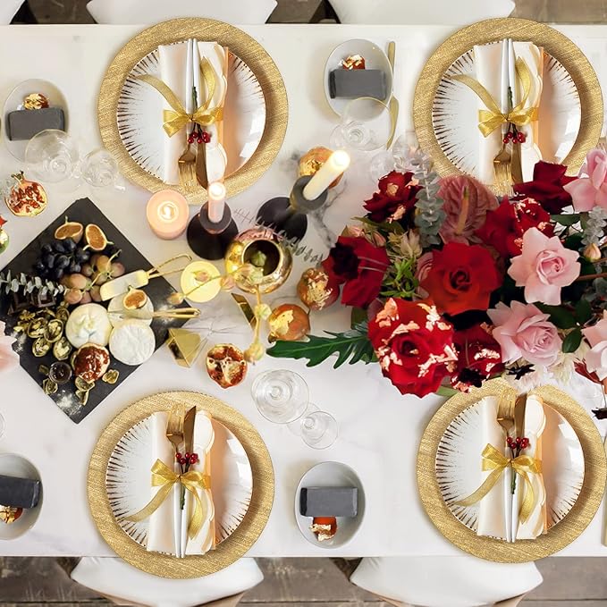 Jucoan 12 Pack Gold Charger Plates for Dinner Plates, 13 Inch Round Plastic Shiny Texture Strip Charger Plates for Wedding Thanksgiving Christmas Party Event Catering Hotel Tabletop Setting Decor