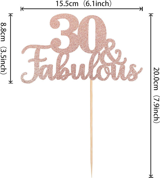 1 PCS 30 & Fabulous Cake Topper Glitter Thirty and Fabulous Cake Toppers Happy 30th Birthday Cake Pick for 30th Wedding Anniversary Birthday Party Cake Decorations Supplies Rose Gold