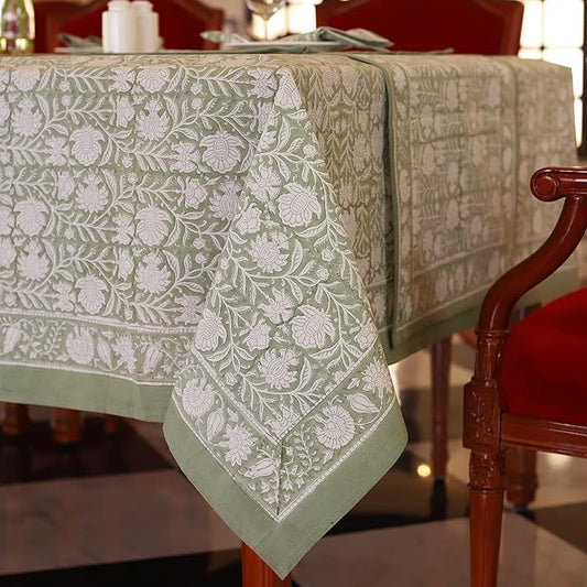 Labhanshi Indian Block Print Pre-Washed Cotton Floral 72x108 Inch Rectangle 8-Seater Table Cloth|Kitchen Dining Table Top Cover|Boho Rustic St. Patrick Spring Easter Table Cloth|Sage Green