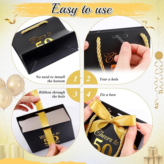 Moinchore 30 Pcs Black Gold 50 Birthday Paper Gift Bags Bulk 5.5 x 4.7 x 2.5 in Mini Cheers to 50 Years Favor Bags with Handles Bow Ribbon Wrap for Birthday Anniversary Wedding Day Party Supplies